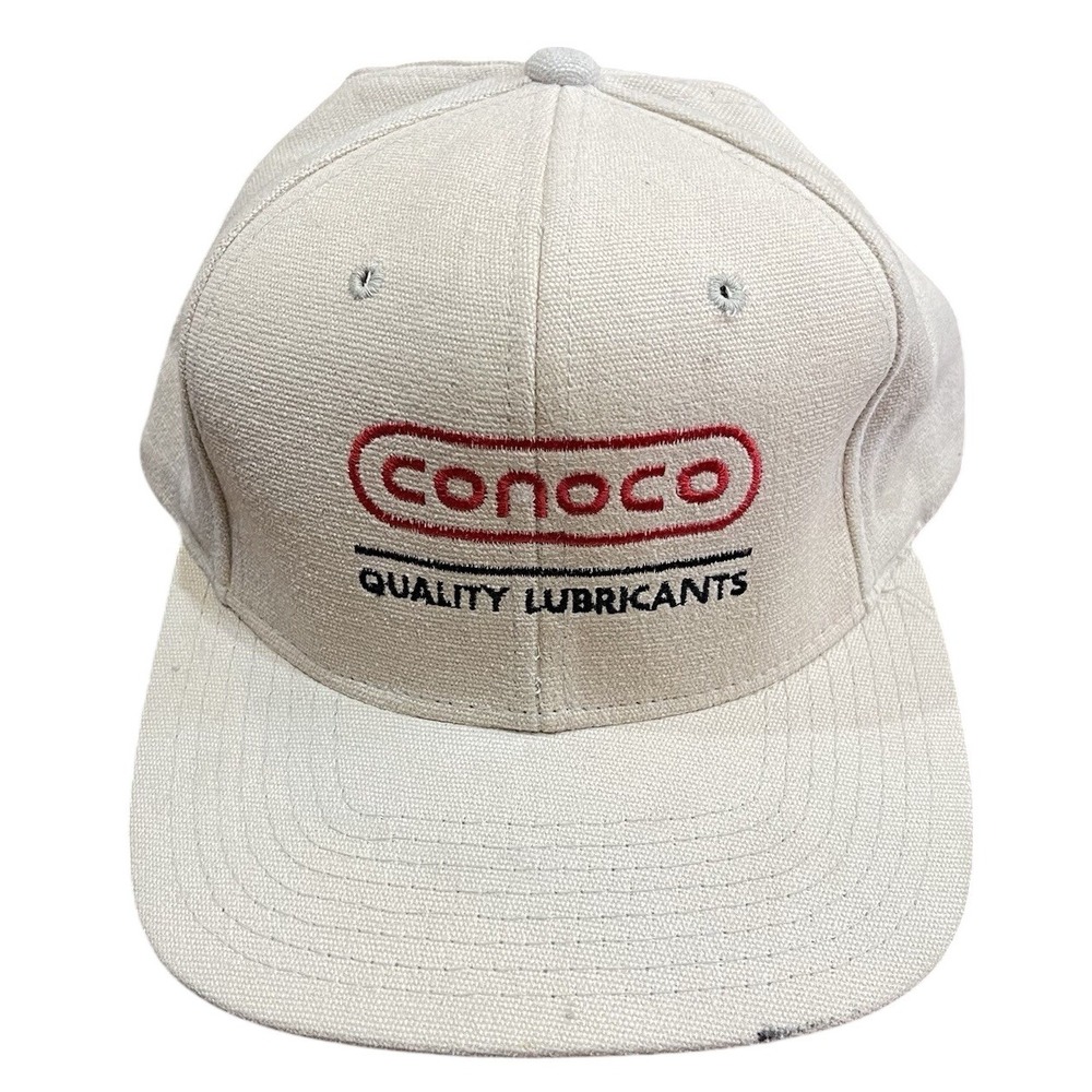 Vintage CONOCO Quality Lubricants Strapback Baseball Golf Hat Beige USA Trucking